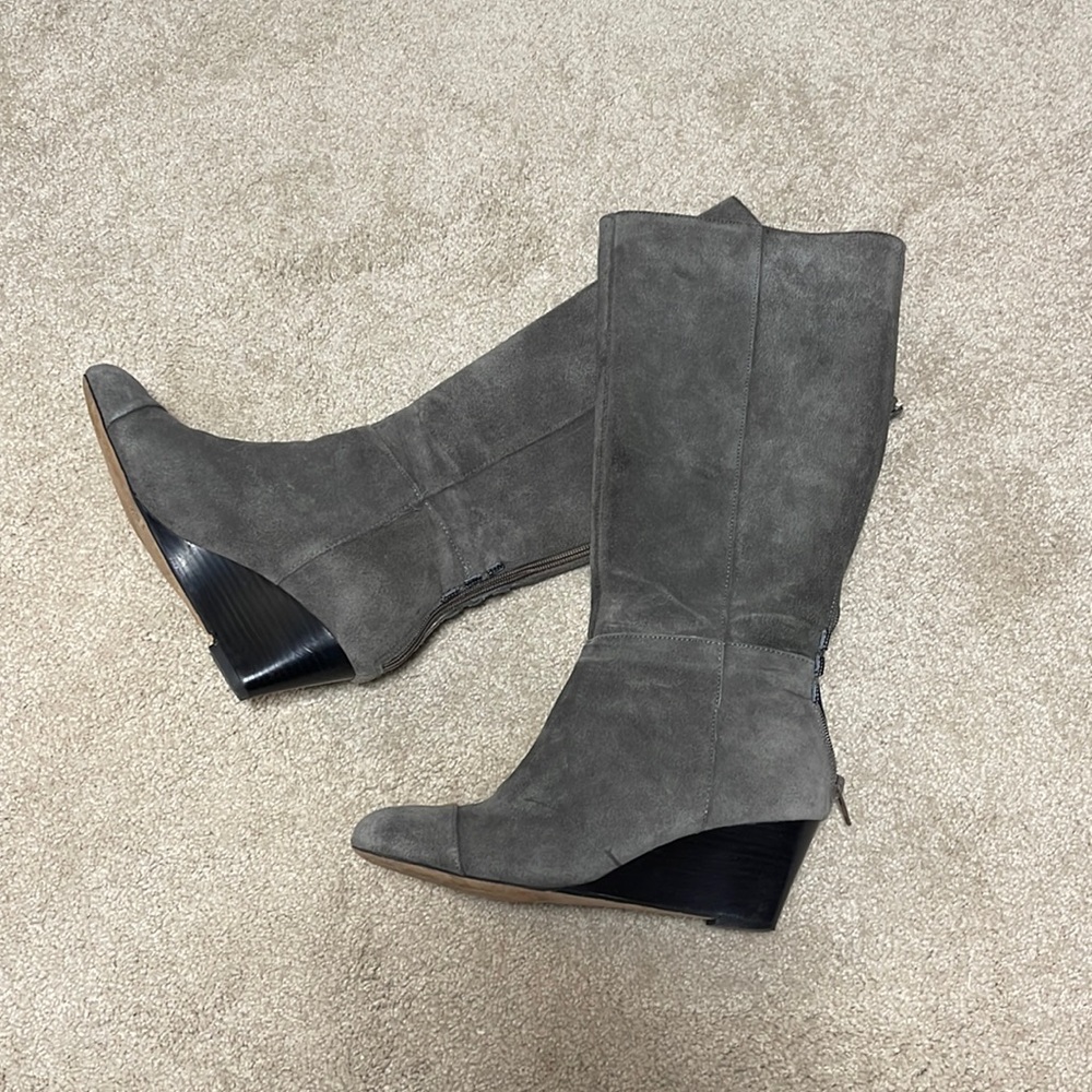 Sole society Julianne hough suede tall knee boots grey gray leather 7.5 wedge